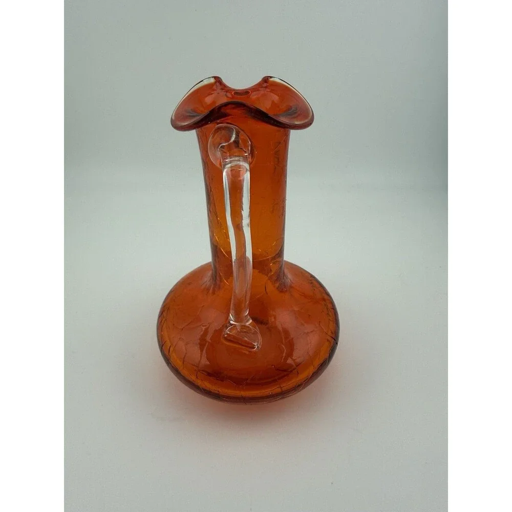 Vintage Pilgrim Crackle Glass Pitcher, Tangerine, Clear Angled Handle, 4” tall